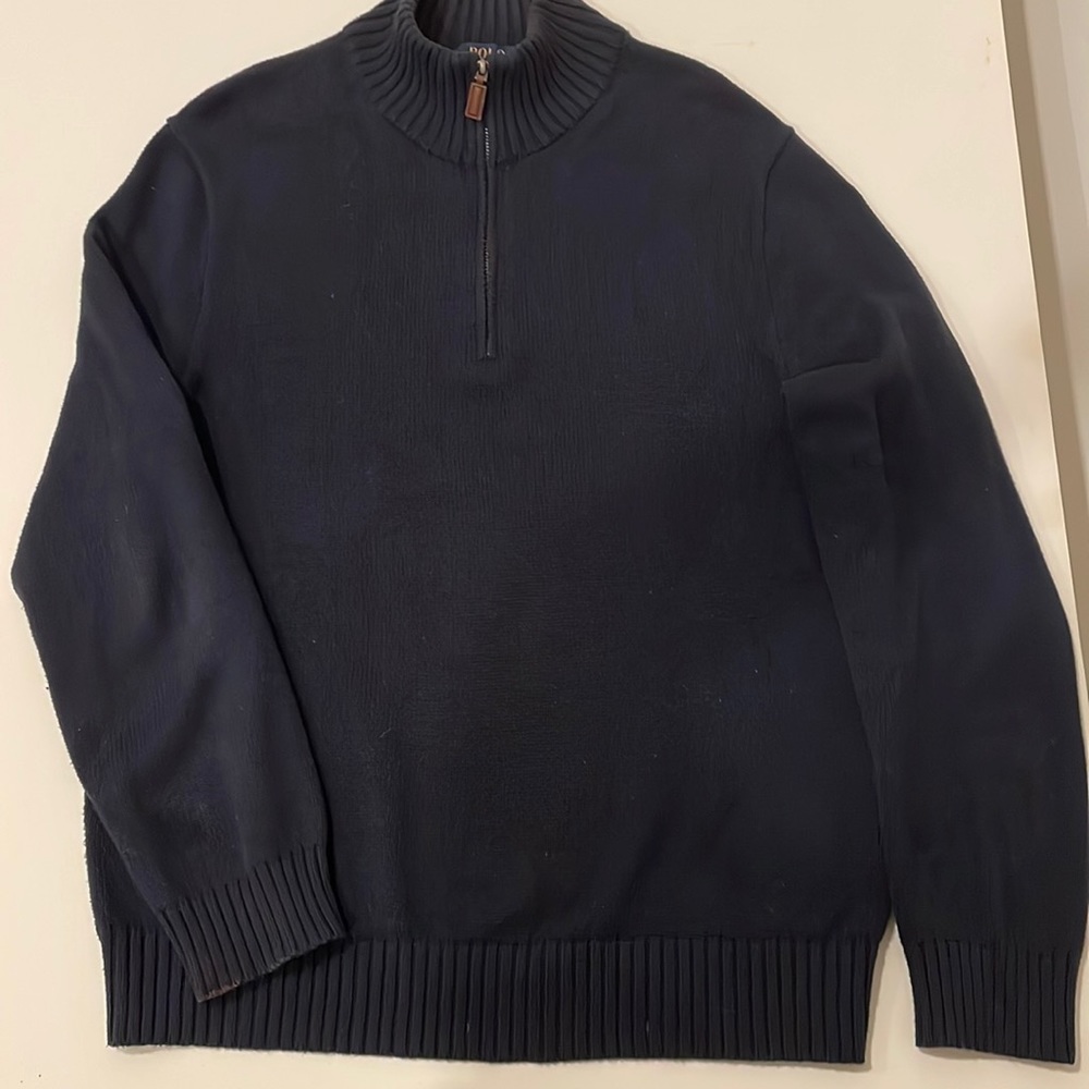 Men’s navy cotton turtleneck sweater with zip front neck Sz M. Ribbed cuff, hem